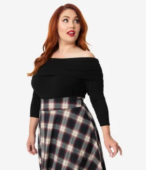 Unique Vintage Plus Size Black Ribbed Knit Off Shoulder Cowl Sleeved Nina Top