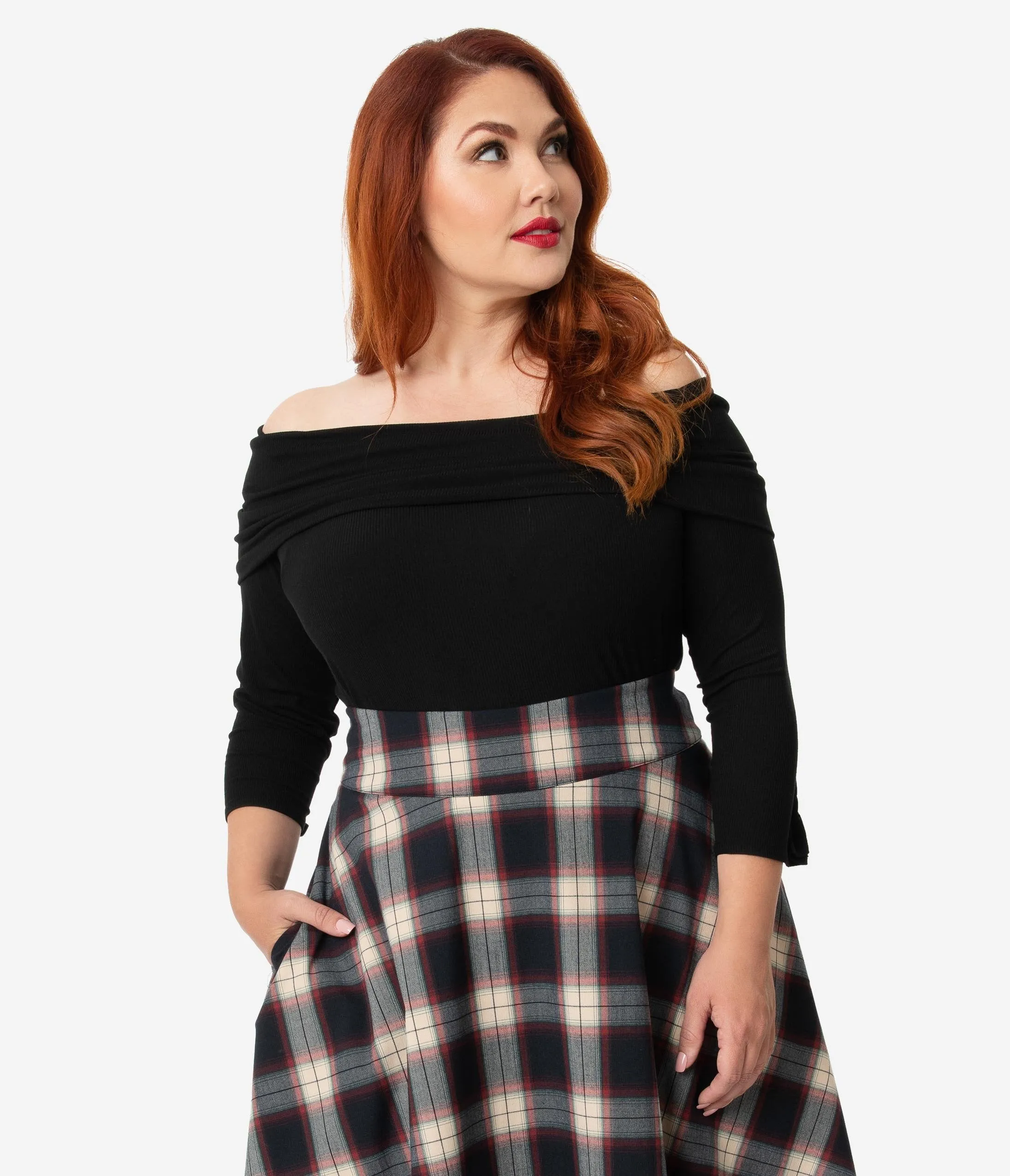 Unique Vintage Plus Size Black Ribbed Knit Off Shoulder Cowl Sleeved Nina Top