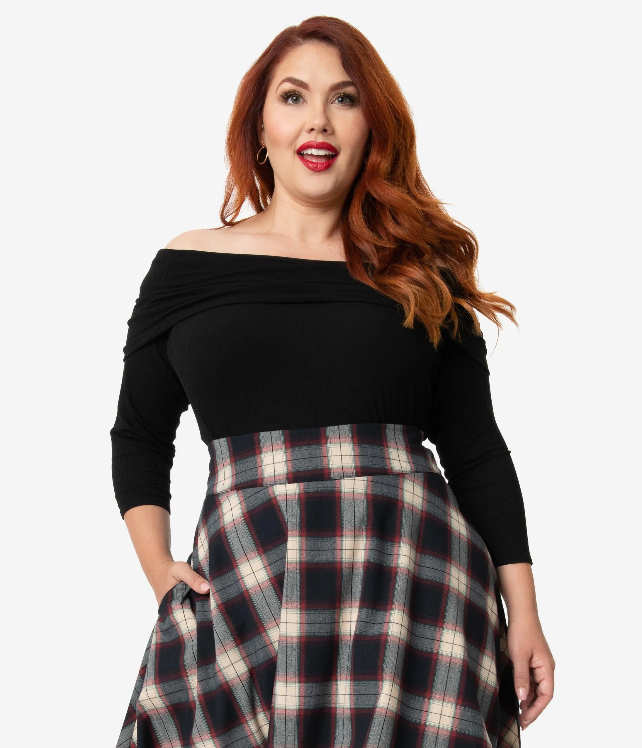 Unique Vintage Plus Size Black Ribbed Knit Off Shoulder Cowl Sleeved Nina Top