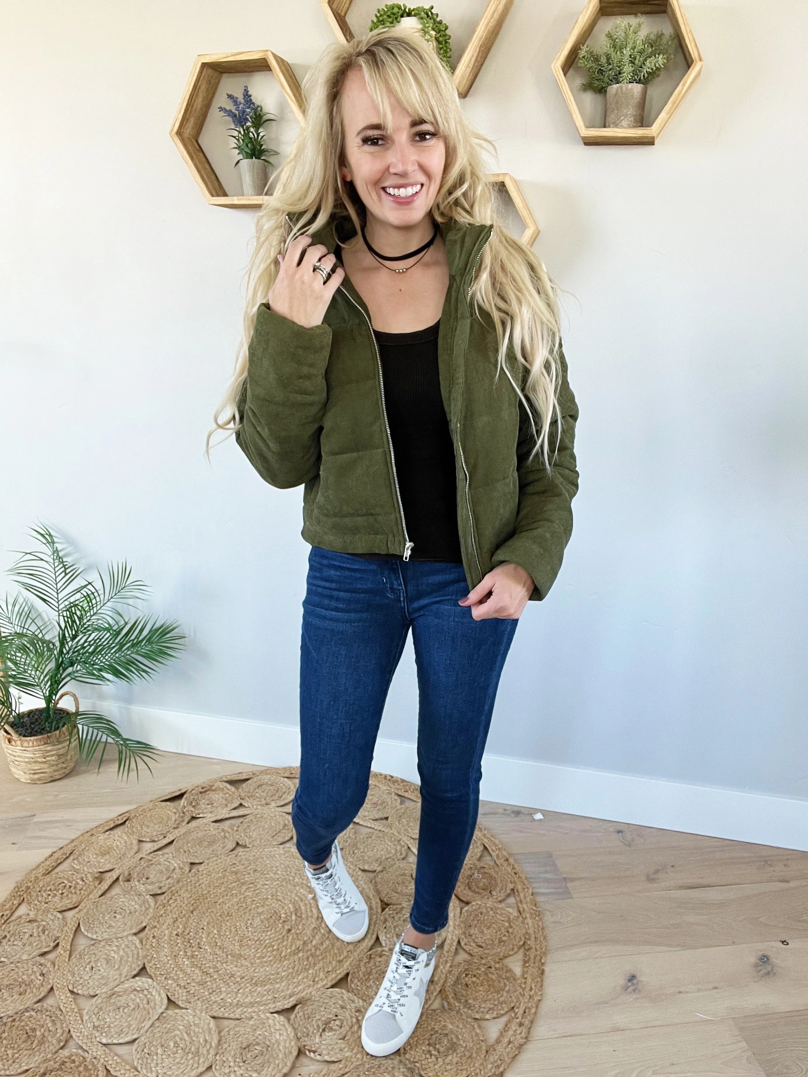 Wherever You Go Corduroy Puffer Jacket in Olive