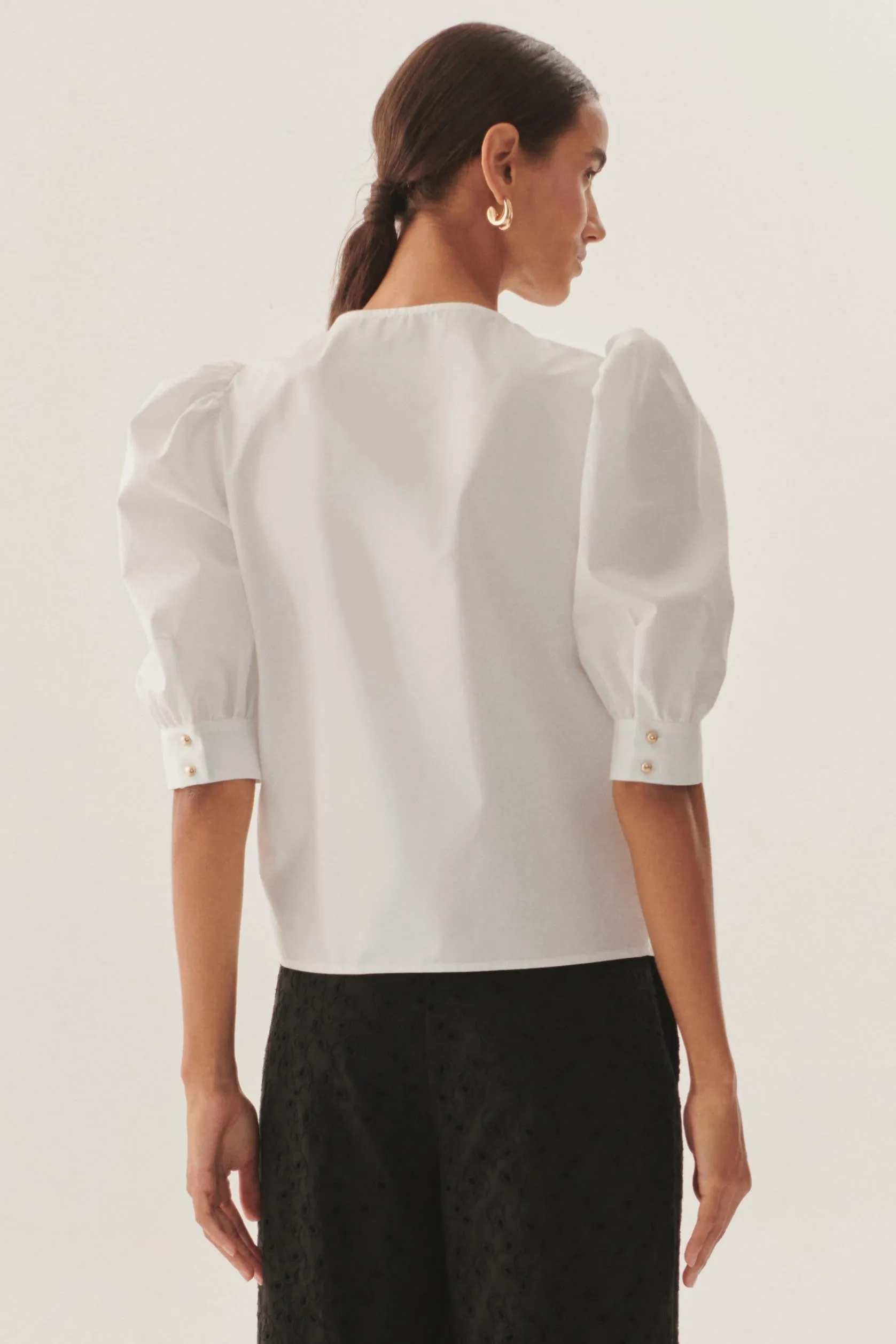 White Puff Sleeve Poplin Keyhole Blouse
