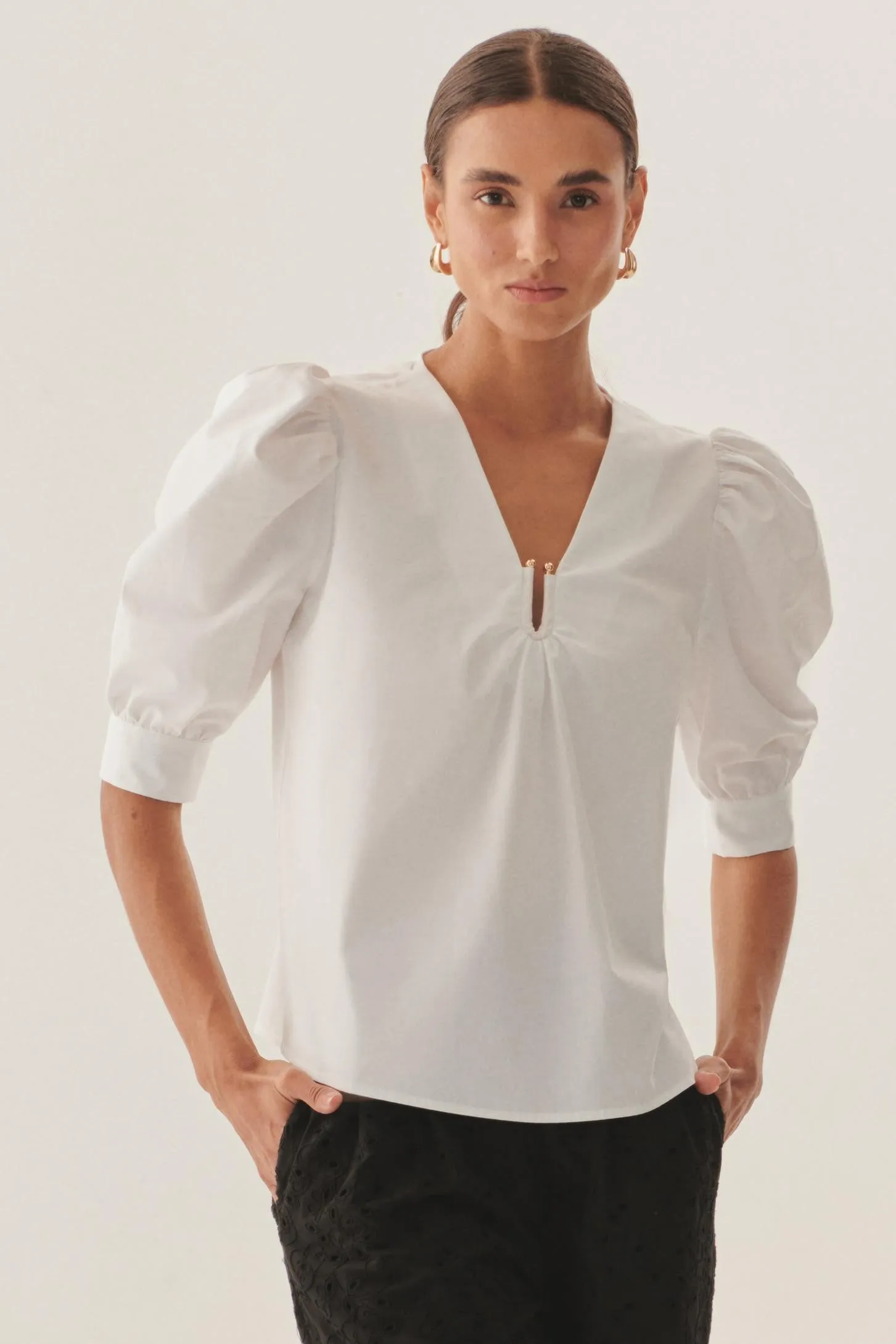 White Puff Sleeve Poplin Keyhole Blouse