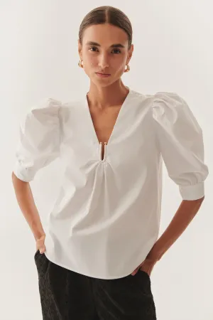 White Puff Sleeve Poplin Keyhole Blouse