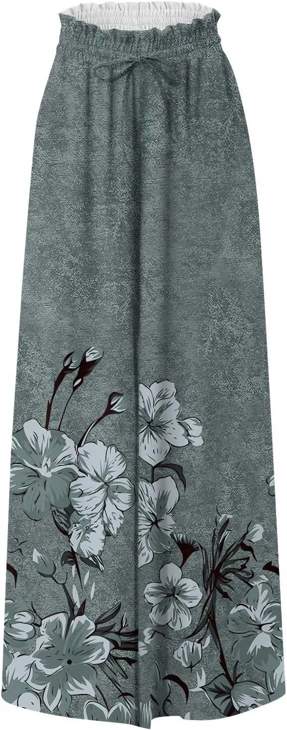 Wide Leg Slacks for Women,Summer Boho Beach Palazzo Pants Floral Print Casual Flowy Loose Lounge Trouser with Pocket