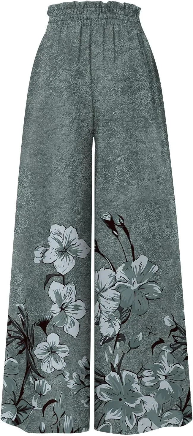 Wide Leg Slacks for Women,Summer Boho Beach Palazzo Pants Floral Print Casual Flowy Loose Lounge Trouser with Pocket