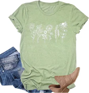 Wildflower Shirt Women Floral Graphic Tshirt Shirt Summer Daisy Flower Tee Casual Short Sleeve Plant Lover Holiday Tops