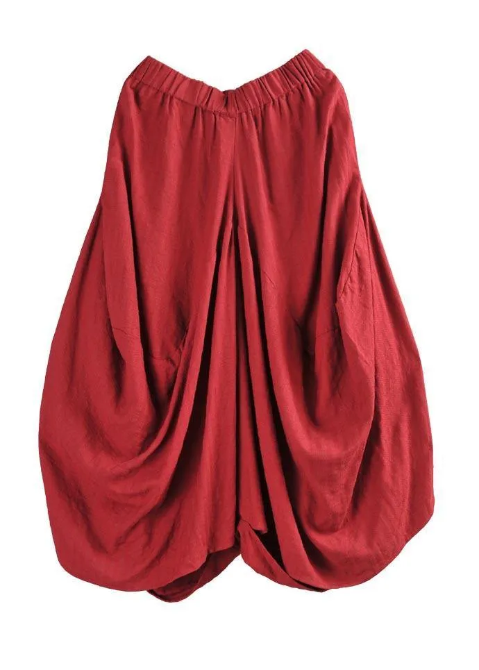 Women Red Pockets Cotton Linen Big crotch pants Summer Pants