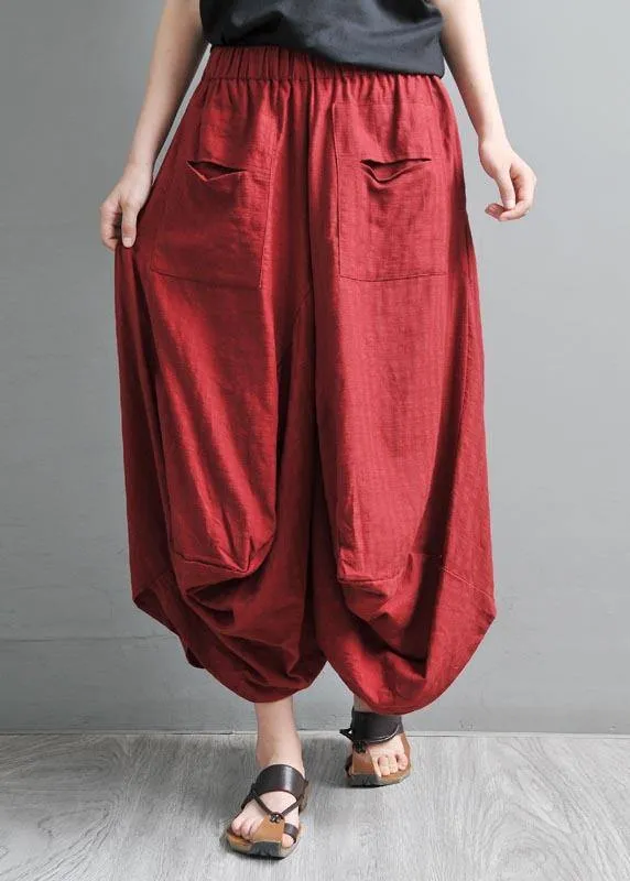 Women Red Pockets Cotton Linen Big crotch pants Summer Pants