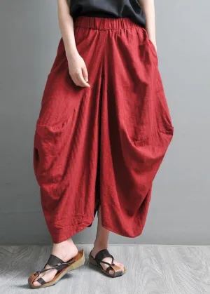 Women Red Pockets Cotton Linen Big crotch pants Summer Pants