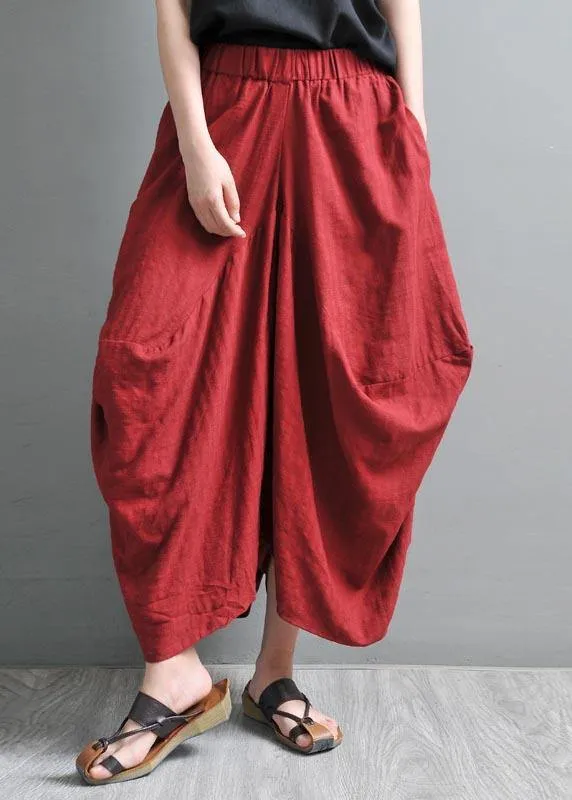 Women Red Pockets Cotton Linen Big crotch pants Summer Pants