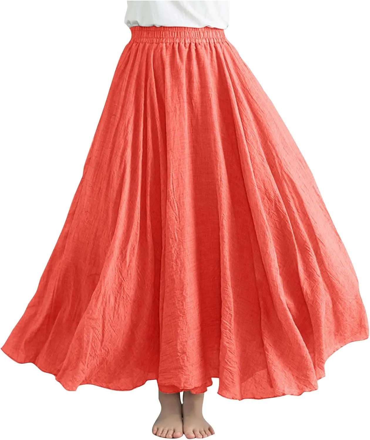 Womens Cotton Linen Maxi Skirts Summer Boho Solid Beach Elastic High Waist Pleated A-Line Flowy Swing Long Maxi Skirt