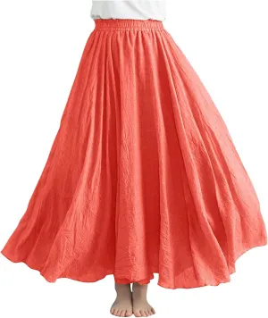 Womens Cotton Linen Maxi Skirts Summer Boho Solid Beach Elastic High Waist Pleated A-Line Flowy Swing Long Maxi Skirt