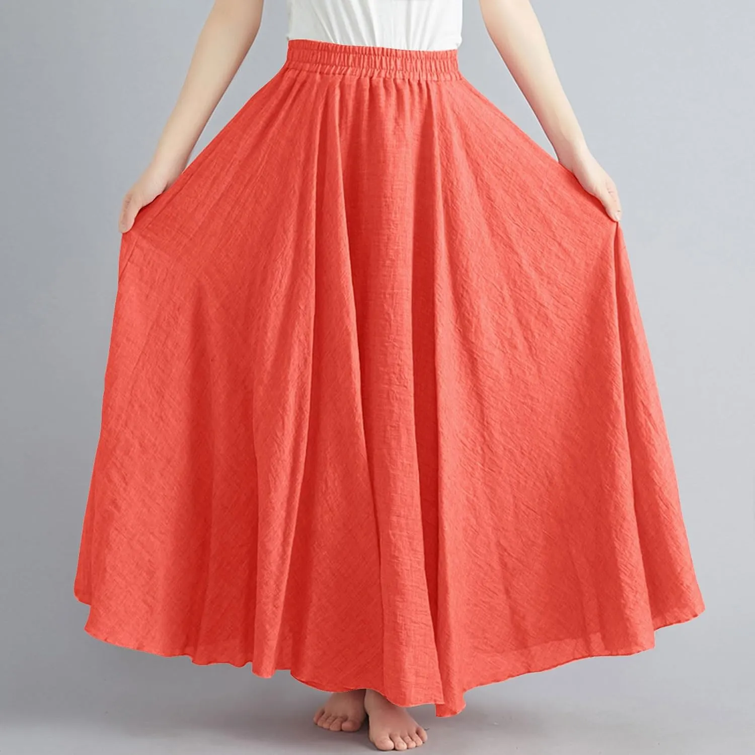 Womens Cotton Linen Maxi Skirts Summer Boho Solid Beach Elastic High Waist Pleated A-Line Flowy Swing Long Maxi Skirt