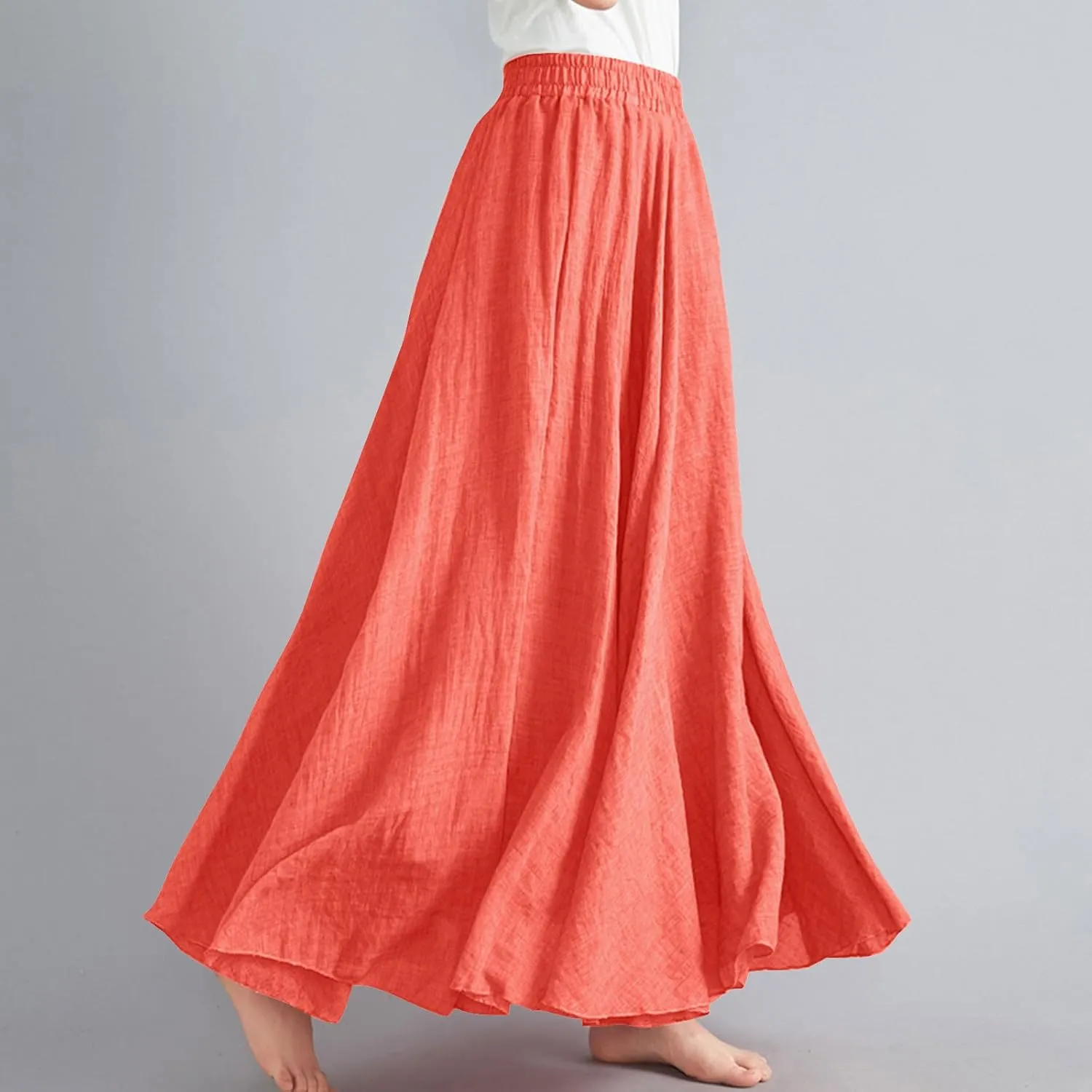 Womens Cotton Linen Maxi Skirts Summer Boho Solid Beach Elastic High Waist Pleated A-Line Flowy Swing Long Maxi Skirt