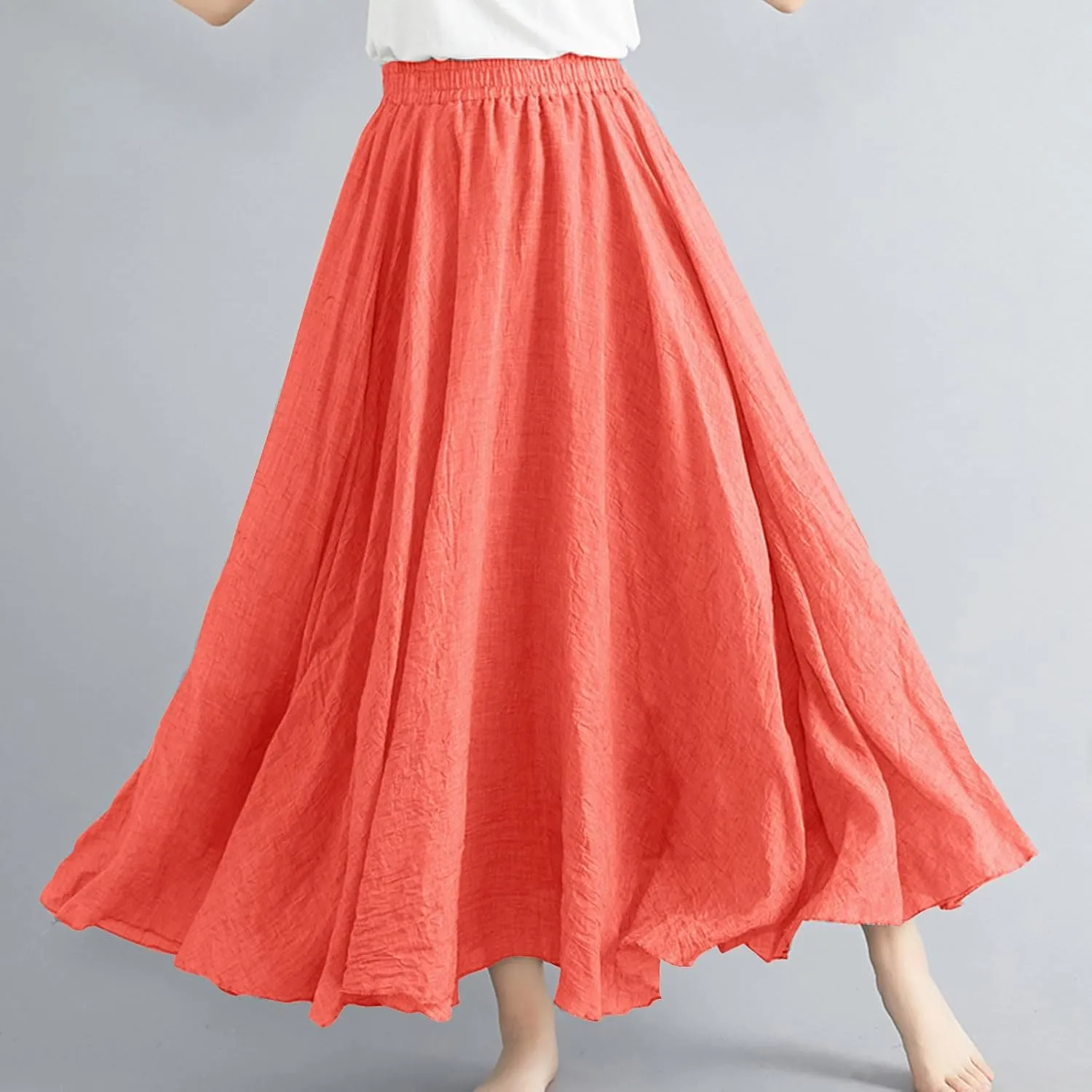 Womens Cotton Linen Maxi Skirts Summer Boho Solid Beach Elastic High Waist Pleated A-Line Flowy Swing Long Maxi Skirt
