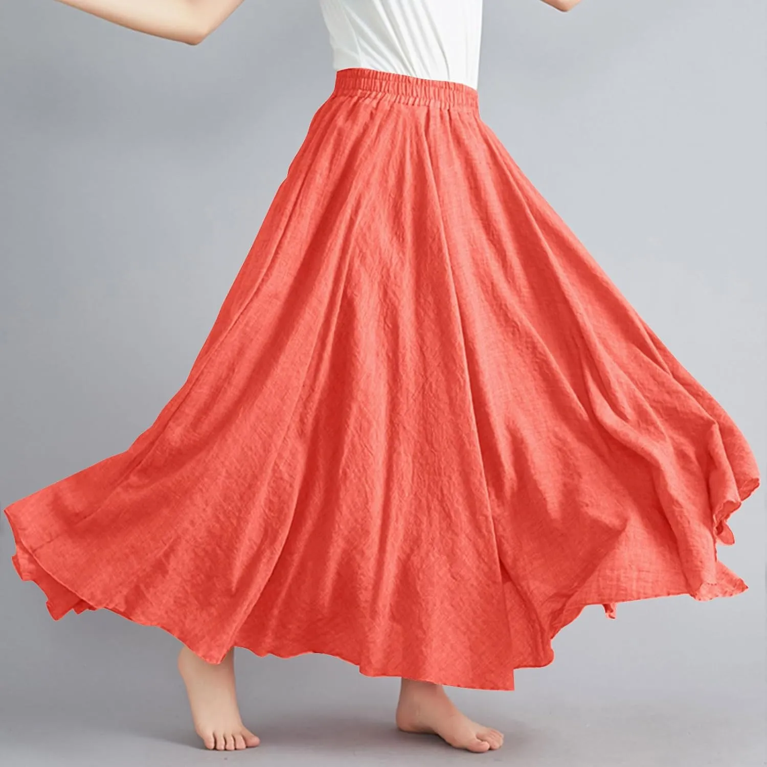 Womens Cotton Linen Maxi Skirts Summer Boho Solid Beach Elastic High Waist Pleated A-Line Flowy Swing Long Maxi Skirt
