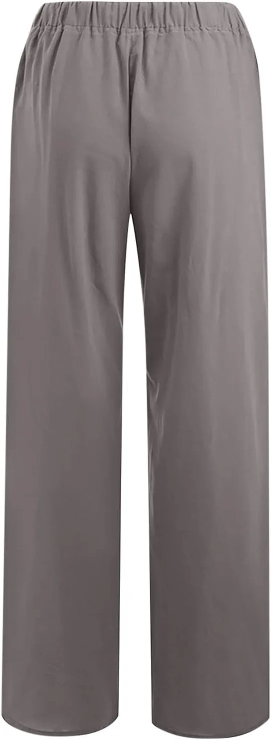 Women's Cotton Linen Palazzo Pants Elastic Waisted Wide Leg Pants with Pockets Summer Beach Trousers Casual Pant