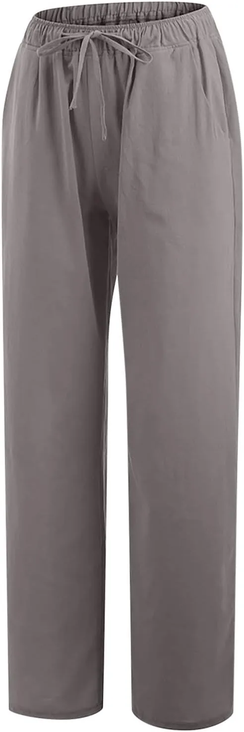 Women's Cotton Linen Palazzo Pants Elastic Waisted Wide Leg Pants with Pockets Summer Beach Trousers Casual Pant