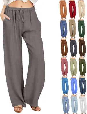 Women's Cotton Linen Palazzo Pants Elastic Waisted Wide Leg Pants with Pockets Summer Beach Trousers Casual Pant