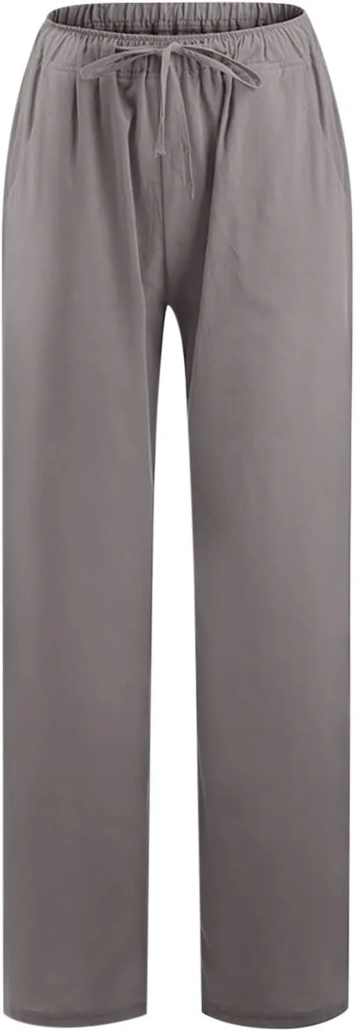 Women's Cotton Linen Palazzo Pants Elastic Waisted Wide Leg Pants with Pockets Summer Beach Trousers Casual Pant