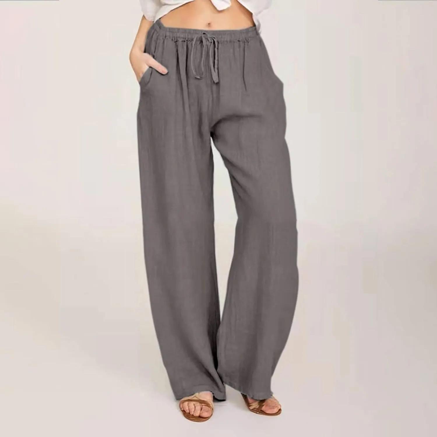 Women's Cotton Linen Palazzo Pants Elastic Waisted Wide Leg Pants with Pockets Summer Beach Trousers Casual Pant