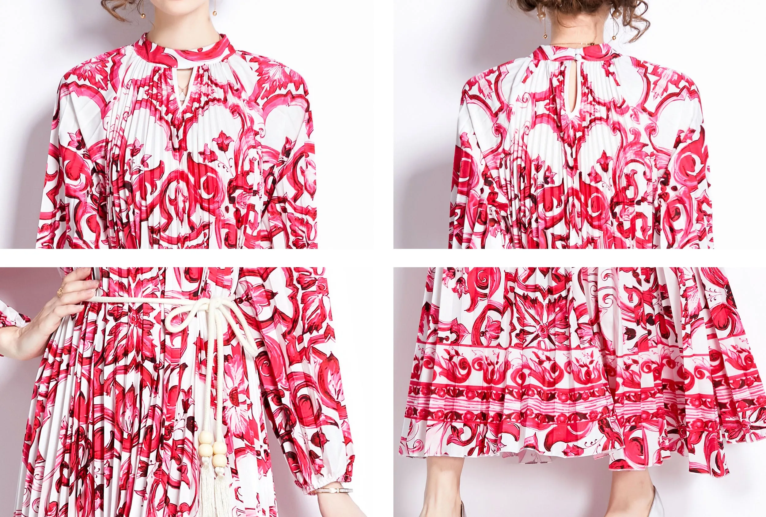 Women's Floral Print Pleated Round Neck Swing Party Dress