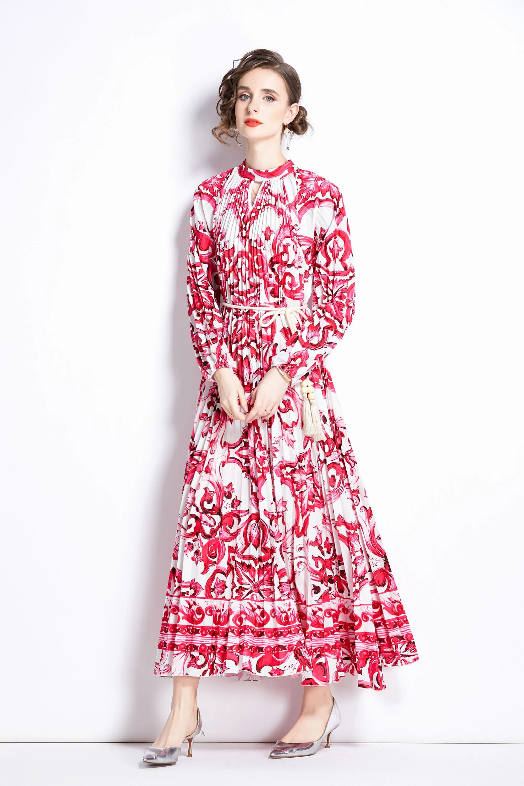 Women's Floral Print Pleated Round Neck Swing Party Dress
