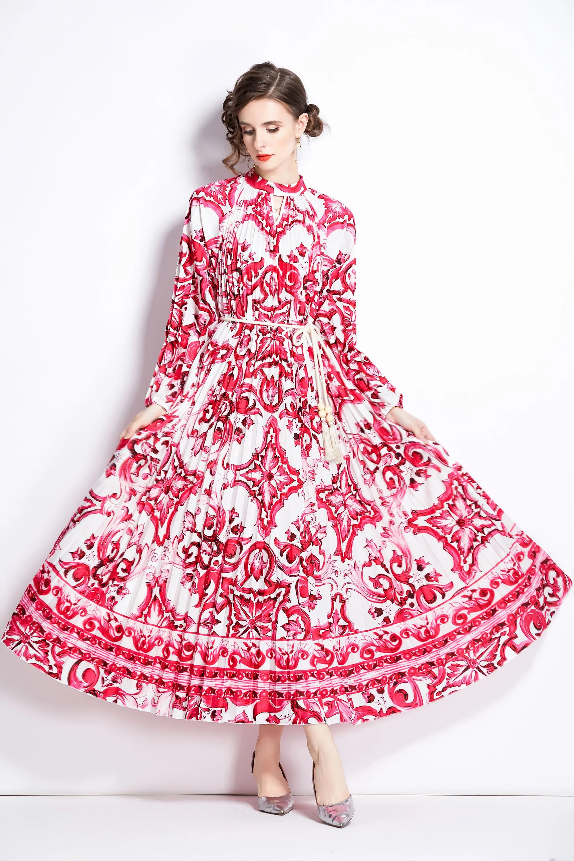 Women's Floral Print Pleated Round Neck Swing Party Dress