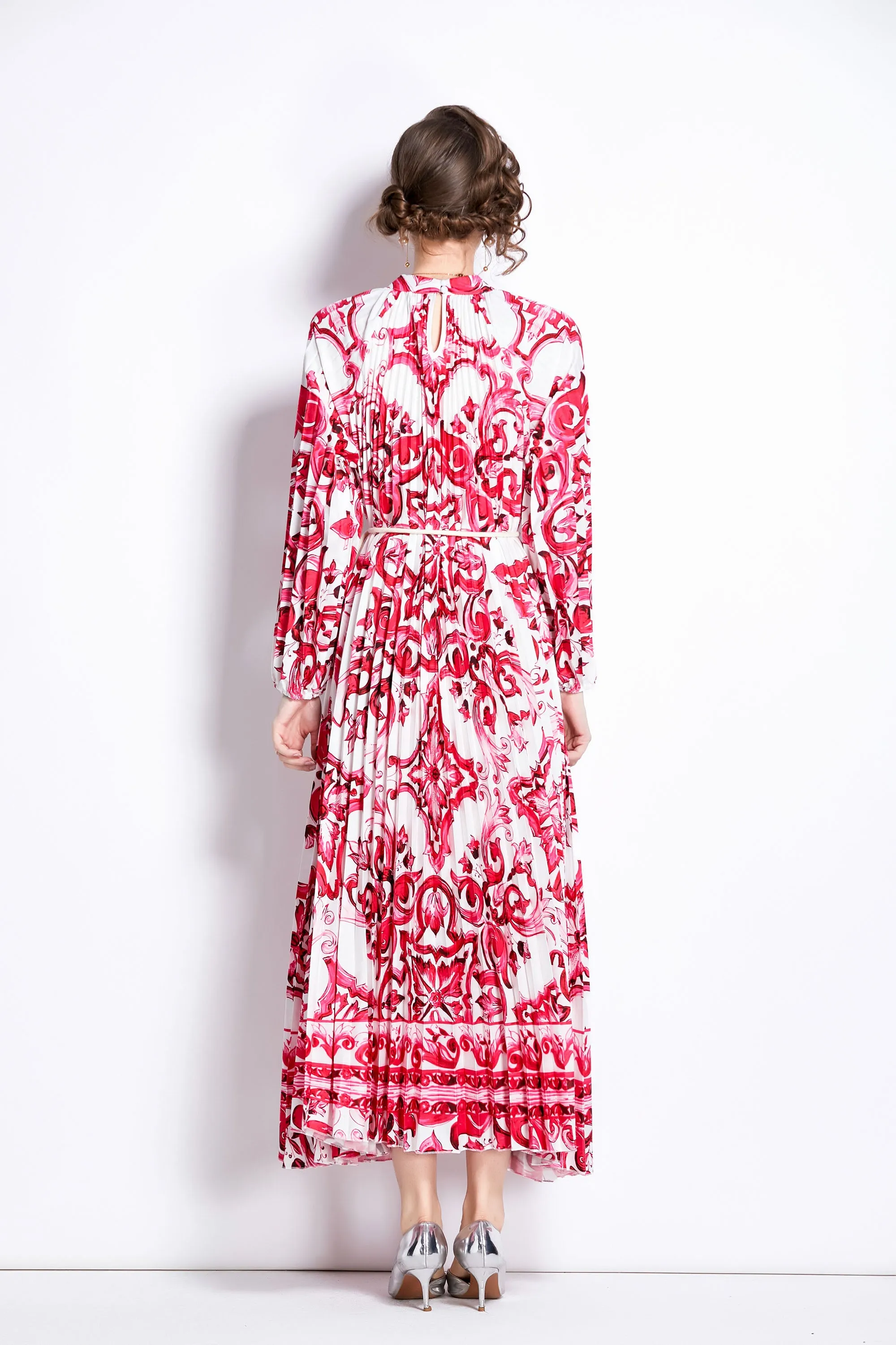 Women's Floral Print Pleated Round Neck Swing Party Dress