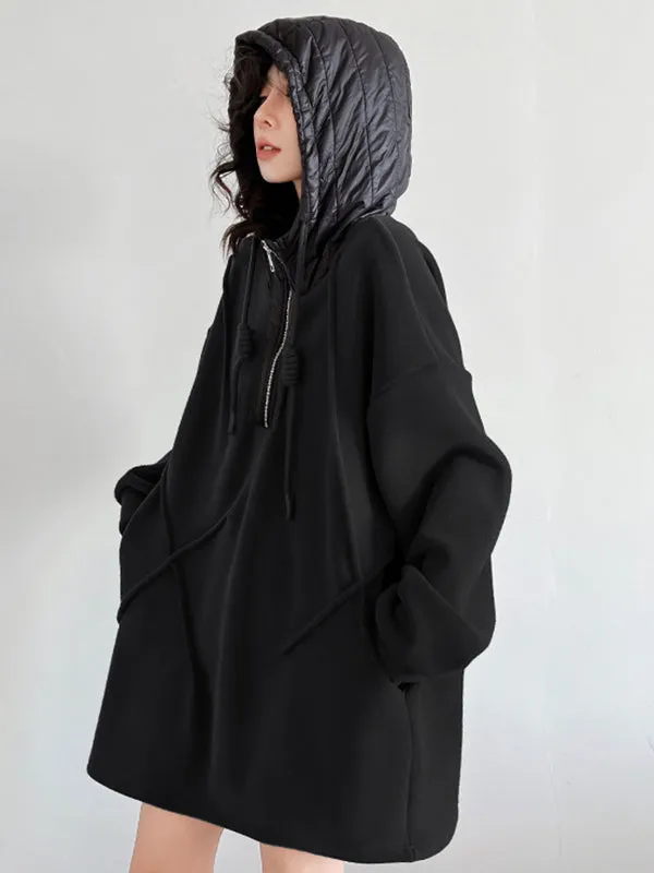 xakxx Hooded Long Sleeves Buttoned Drawstring Split-Joint Velvet Hoodies Tops