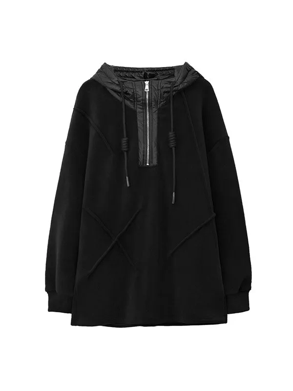 xakxx Hooded Long Sleeves Buttoned Drawstring Split-Joint Velvet Hoodies Tops