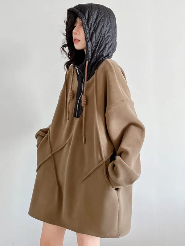 xakxx Hooded Long Sleeves Buttoned Drawstring Split-Joint Velvet Hoodies Tops