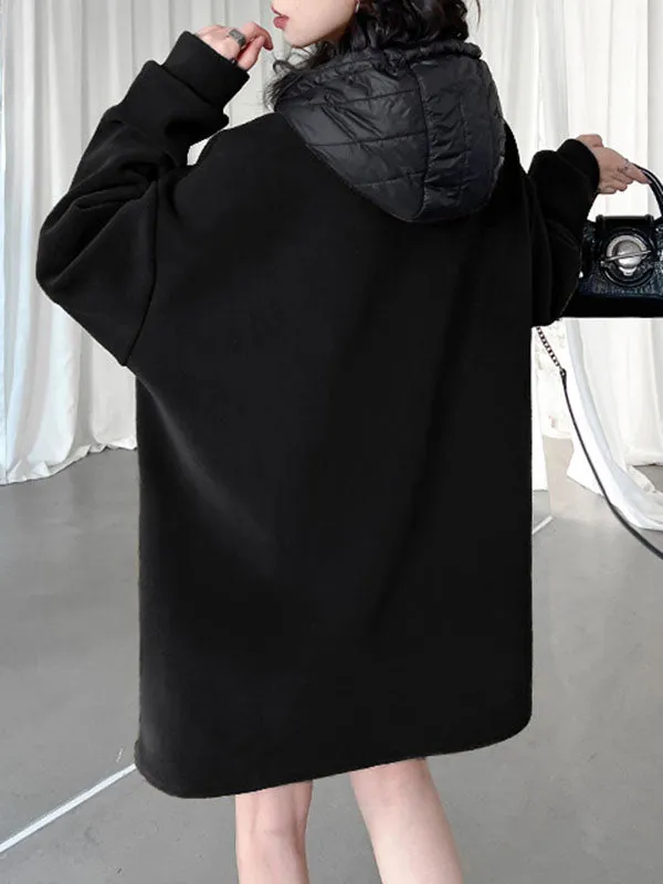 xakxx Hooded Long Sleeves Buttoned Drawstring Split-Joint Velvet Hoodies Tops
