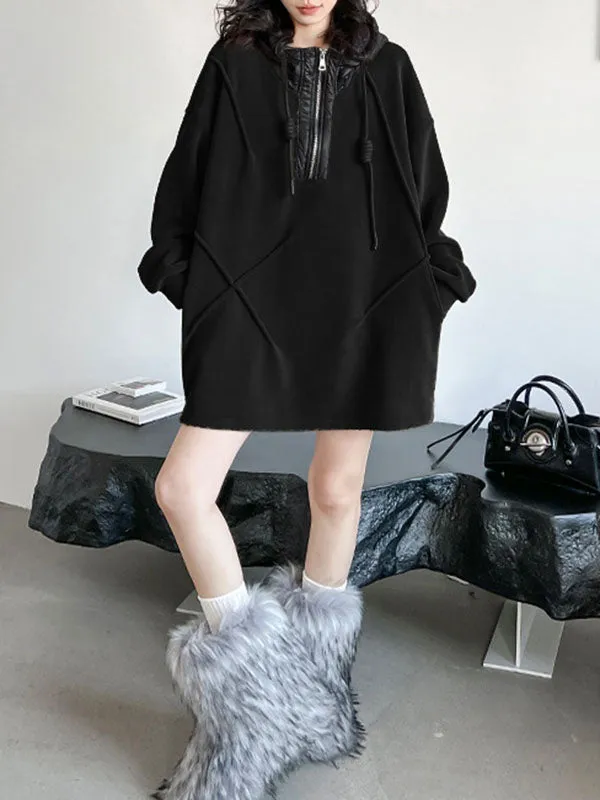 xakxx Hooded Long Sleeves Buttoned Drawstring Split-Joint Velvet Hoodies Tops