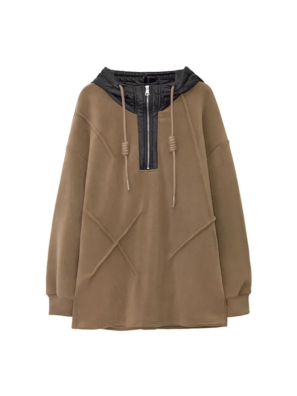 xakxx Hooded Long Sleeves Buttoned Drawstring Split-Joint Velvet Hoodies Tops