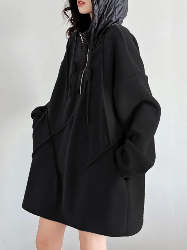 xakxx Hooded Long Sleeves Buttoned Drawstring Split-Joint Velvet Hoodies Tops