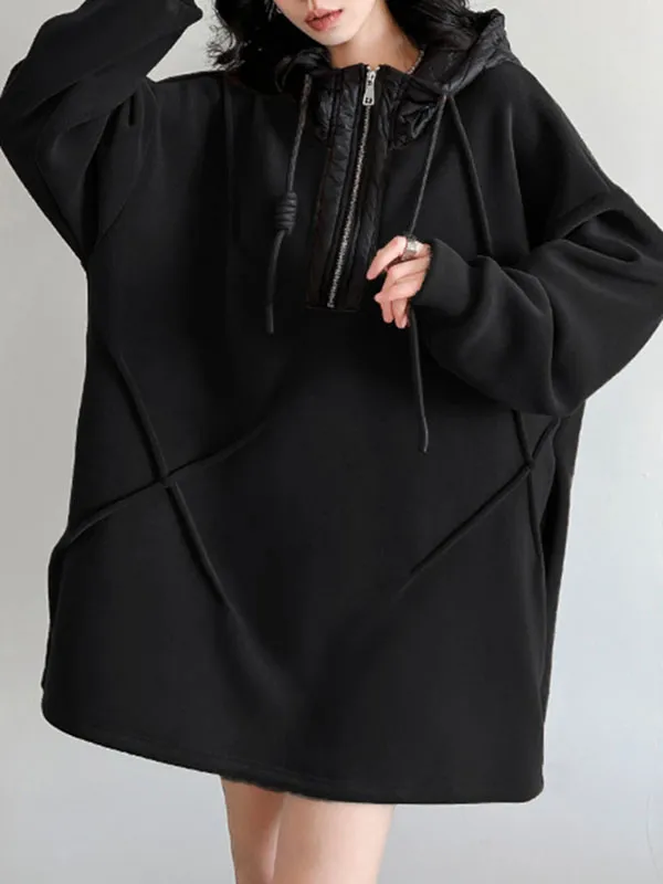 xakxx Hooded Long Sleeves Buttoned Drawstring Split-Joint Velvet Hoodies Tops
