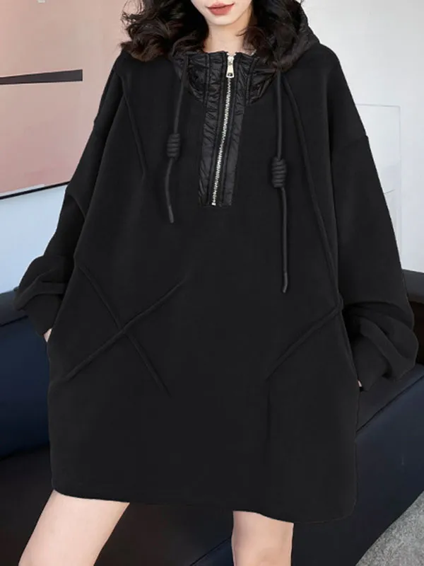 xakxx Hooded Long Sleeves Buttoned Drawstring Split-Joint Velvet Hoodies Tops