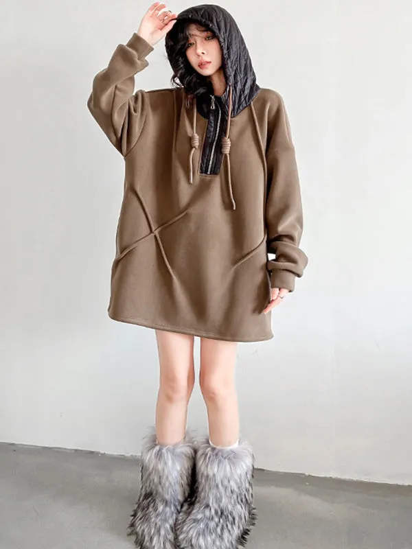 xakxx Hooded Long Sleeves Buttoned Drawstring Split-Joint Velvet Hoodies Tops