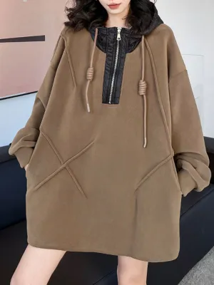 xakxx Hooded Long Sleeves Buttoned Drawstring Split-Joint Velvet Hoodies Tops